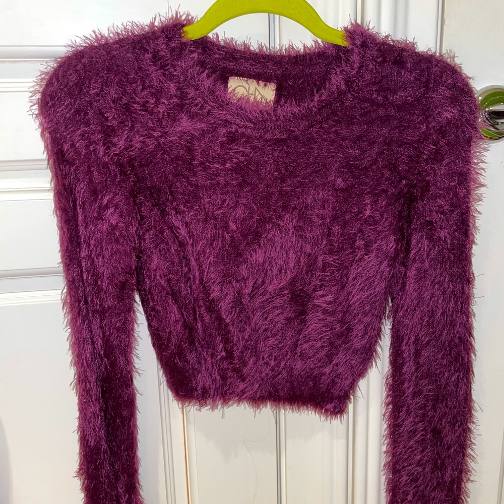 Women's Chaser Berry Purple Large Stretch Fuzzy Furry Y2K Cropped Sweater